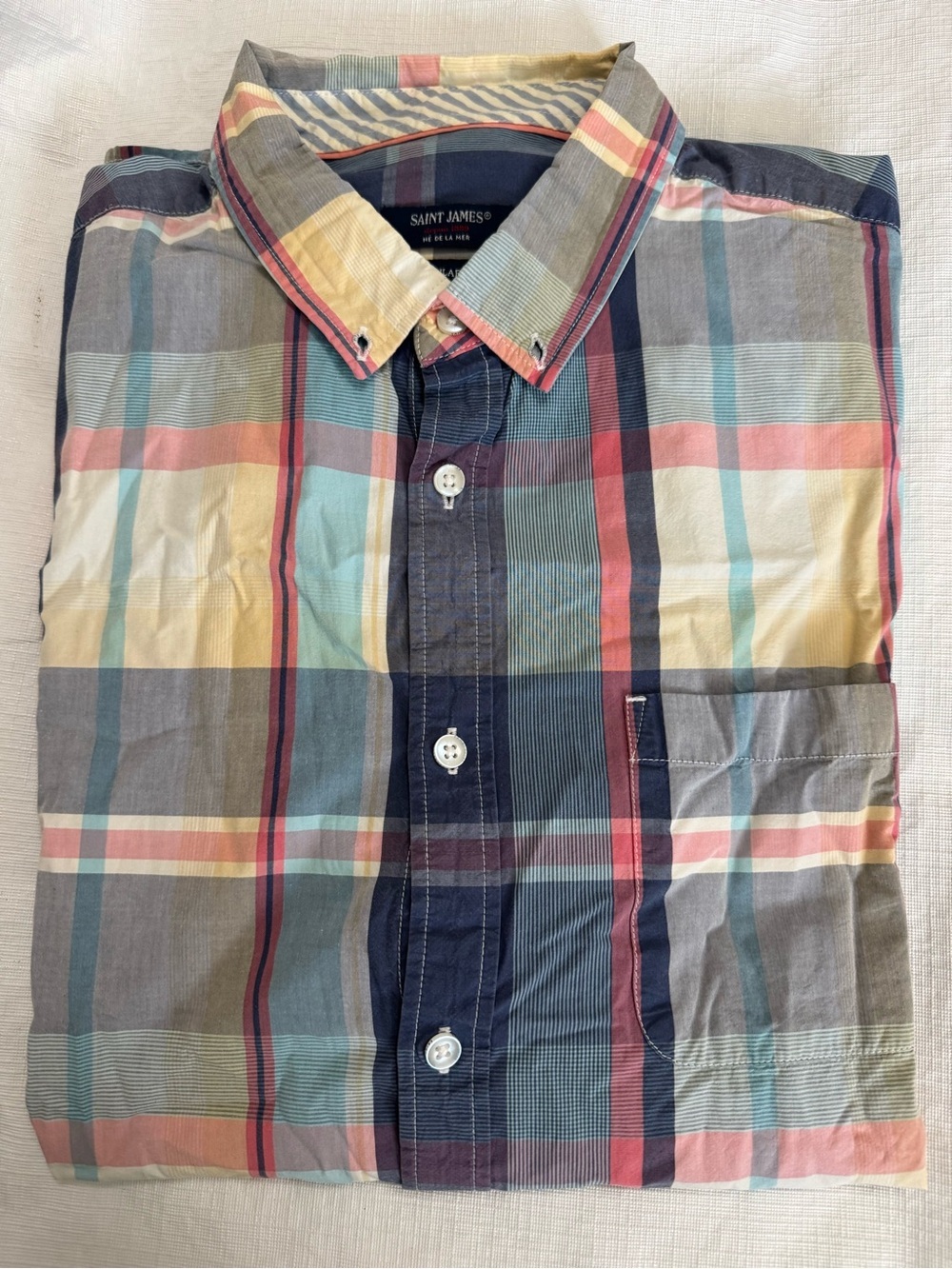 Saint James Pastel Plaid Button-Down Shirt in Blue, Pink & Yellow